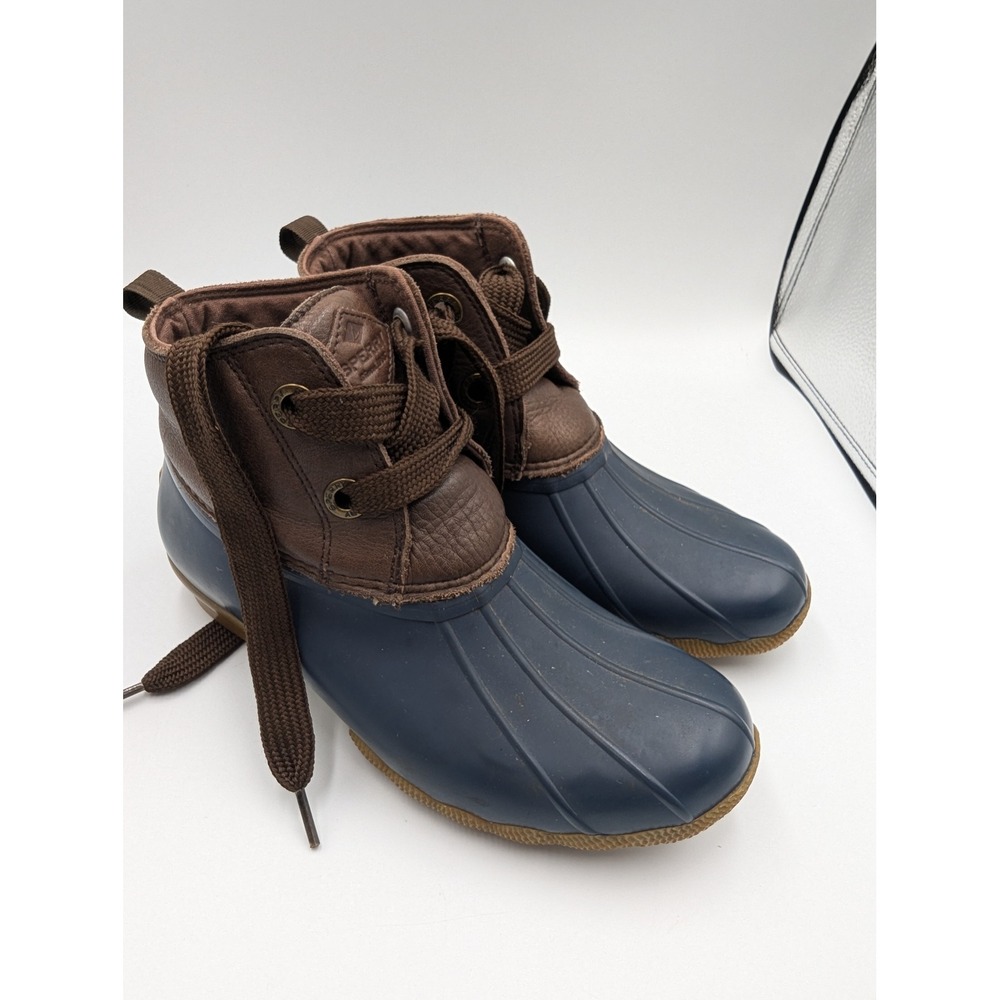 Sperry Saltwater Duck Boots Navy Brown Leather Rubber Size 8